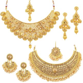 LCT Gold Plated Wedding Jewellery Pearl Choker Necklace Set Combo For Women CRINJ301